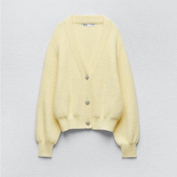Zara Sweaters - NWT Zara Butter Yellow Soft Cardigan Crystal Brooch Buttons 2025 color the year